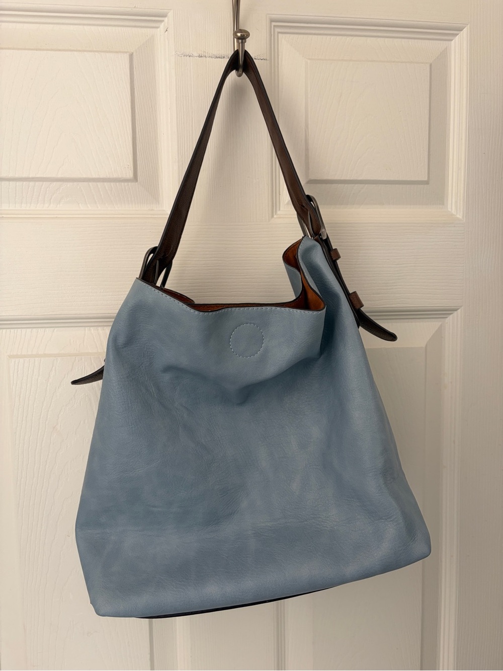 Soft Sky Blue Leather Shoulder Bag with Brown Straps